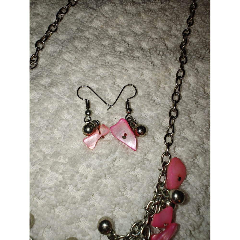 Jewelry Set Pink Shell Chip Silver Tone Ball Bead Layered Necklace Earrings - Picture 2 of 3